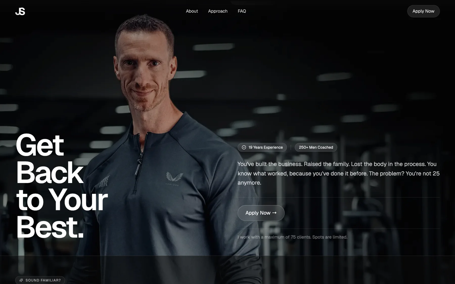 The home page of jamessuttoncoaching.com: Get Back to Your Best, with an Apply Now button