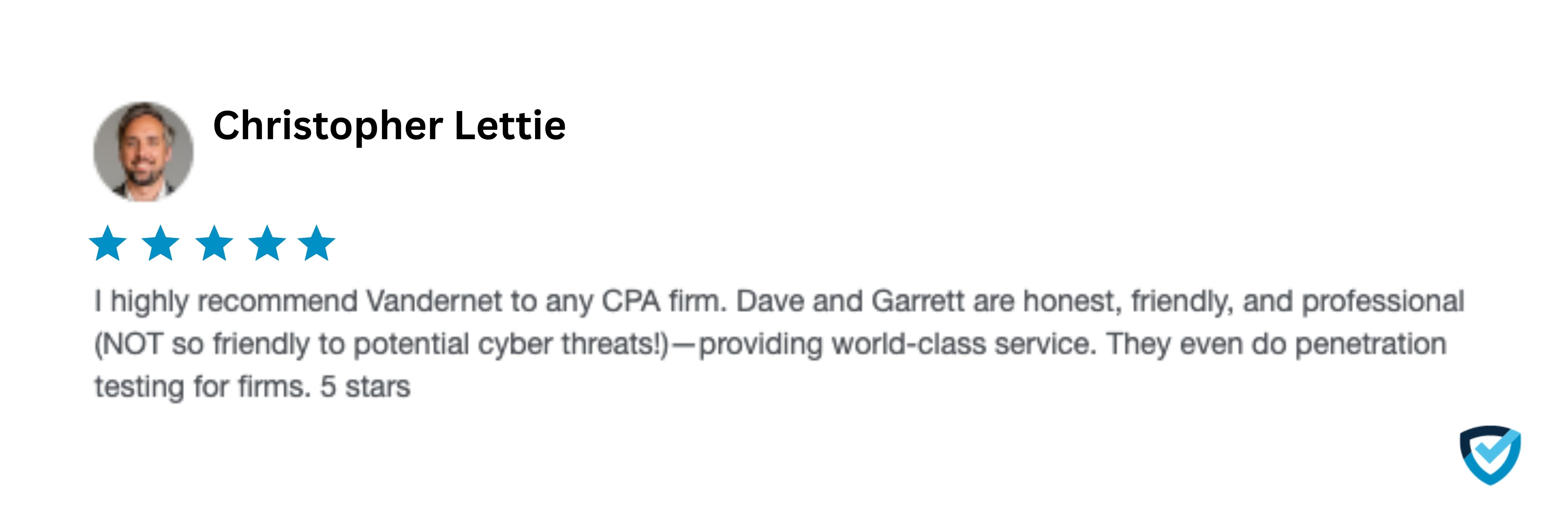 VanderNet client testimonial — cybersecurity compliance review from financial institution