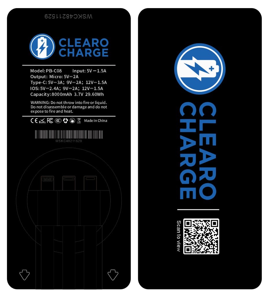 Clearo Charge portable battery artwork, front and back
