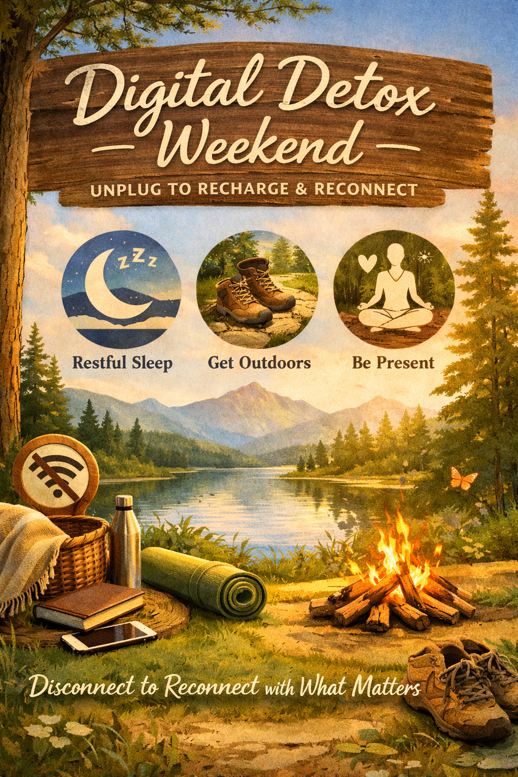 An illustrated poster promoting a "Digital Detox Weekend" featuring three circular icons: a moon and stars for "Restful Sleep", hiking boots for "Get Outdoors", and a figure meditating for "Be Present". The background shows a serene natural landscape with a lake, mountains, a campfire, and camping gear in the foreground, encouraging people to "Disconnect to Reconnect with What Matters".