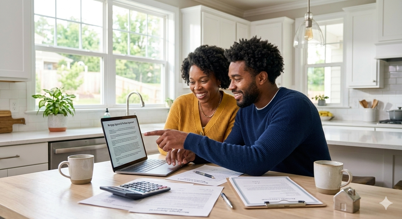 A young African American couple sitting at a bright kitchen table, reviewing home buying documents on a laptop together, smiling and looking confident. Natural window lighting, modern home interior, papers and a calculator on the table, warm and optimistic mood, photorealistic, no text. as north carolina first time home buyer 