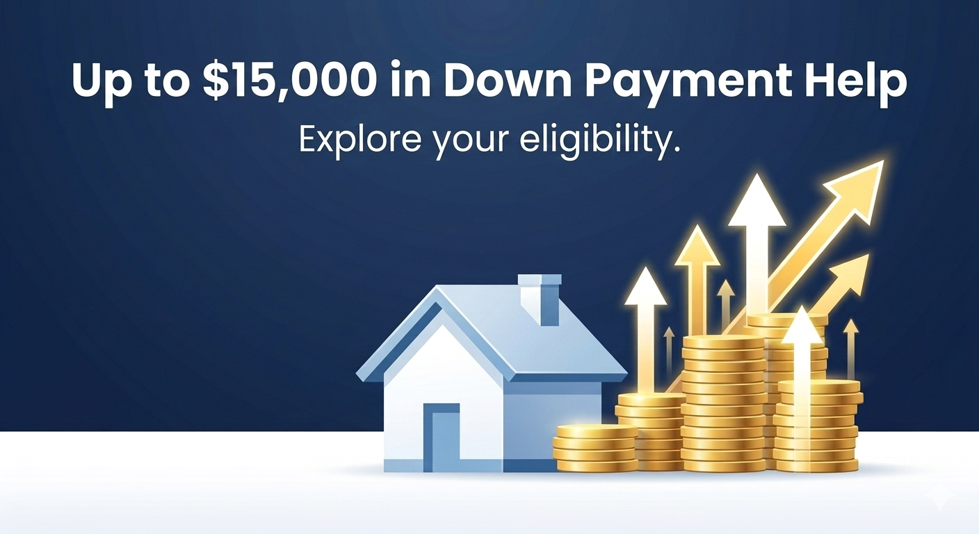 A clean, modern infographic-style illustration showing a small house icon with stacks of gold coins beside it and upward-pointing arrows suggesting financial growth, on a soft navy blue and white background. Professional real estate branding aesthetic, minimal design, no people, put a text overlay at top  Up to $15,000 in Down Payment Help for north carolina first time home buyer