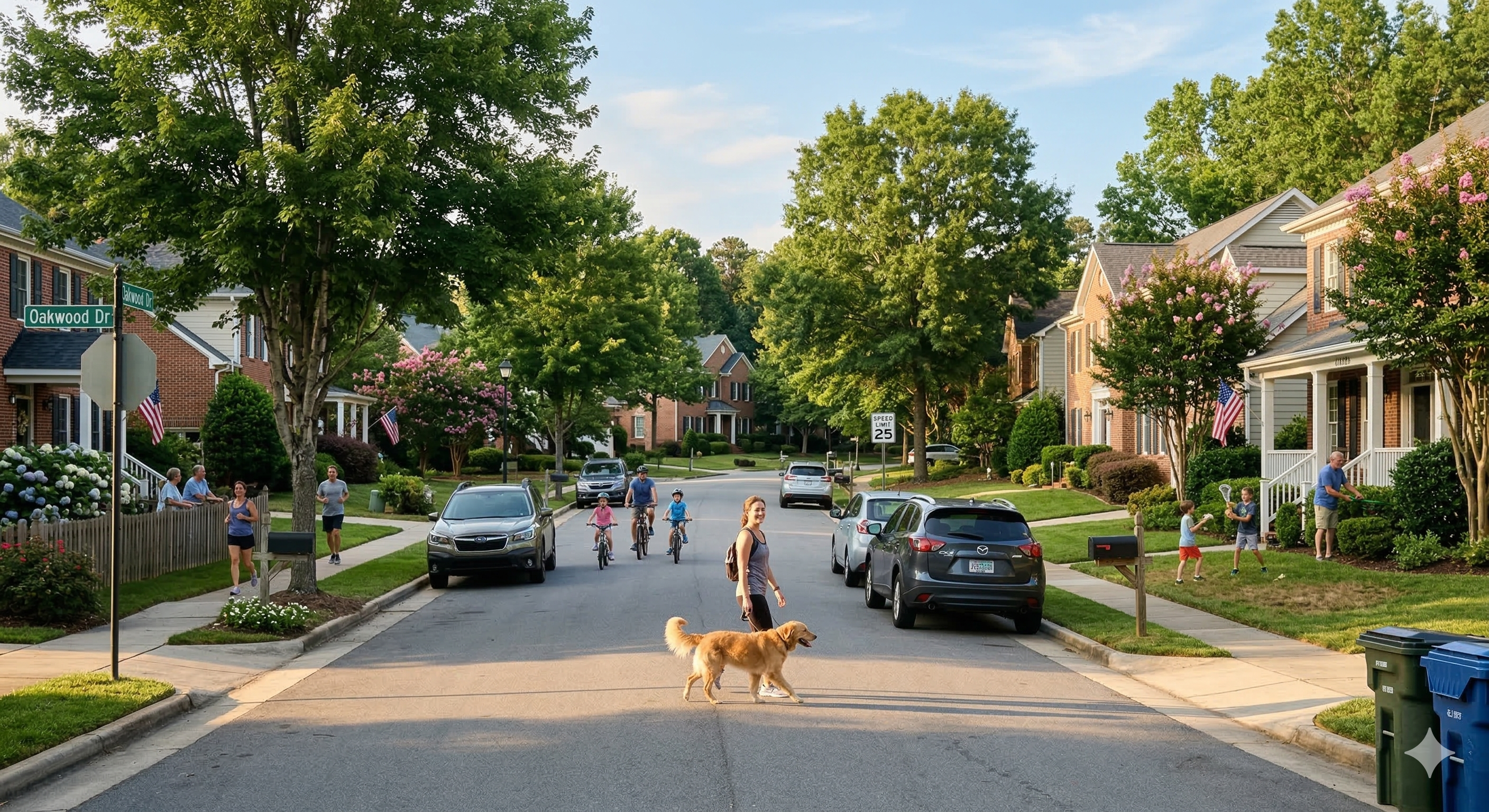 A vibrant, tree-lined street showcasing the community-focused lifestyle of real estate Cary North Carolina, featuring families biking, a person walking a dog, and neighbors interacting in front of suburban brick homes.