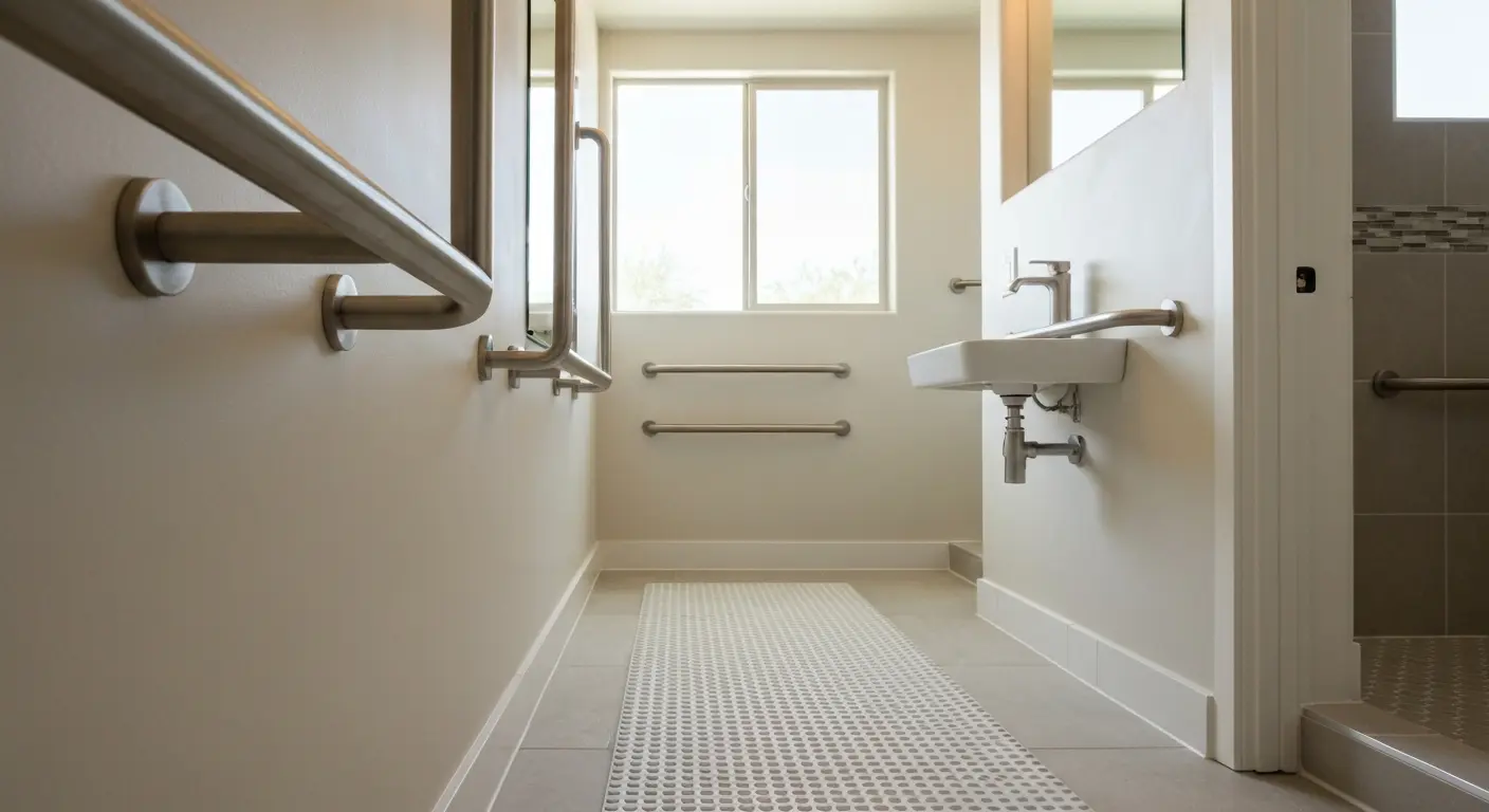 Accessible bathroom remodel with grab bars and non-slip surface
