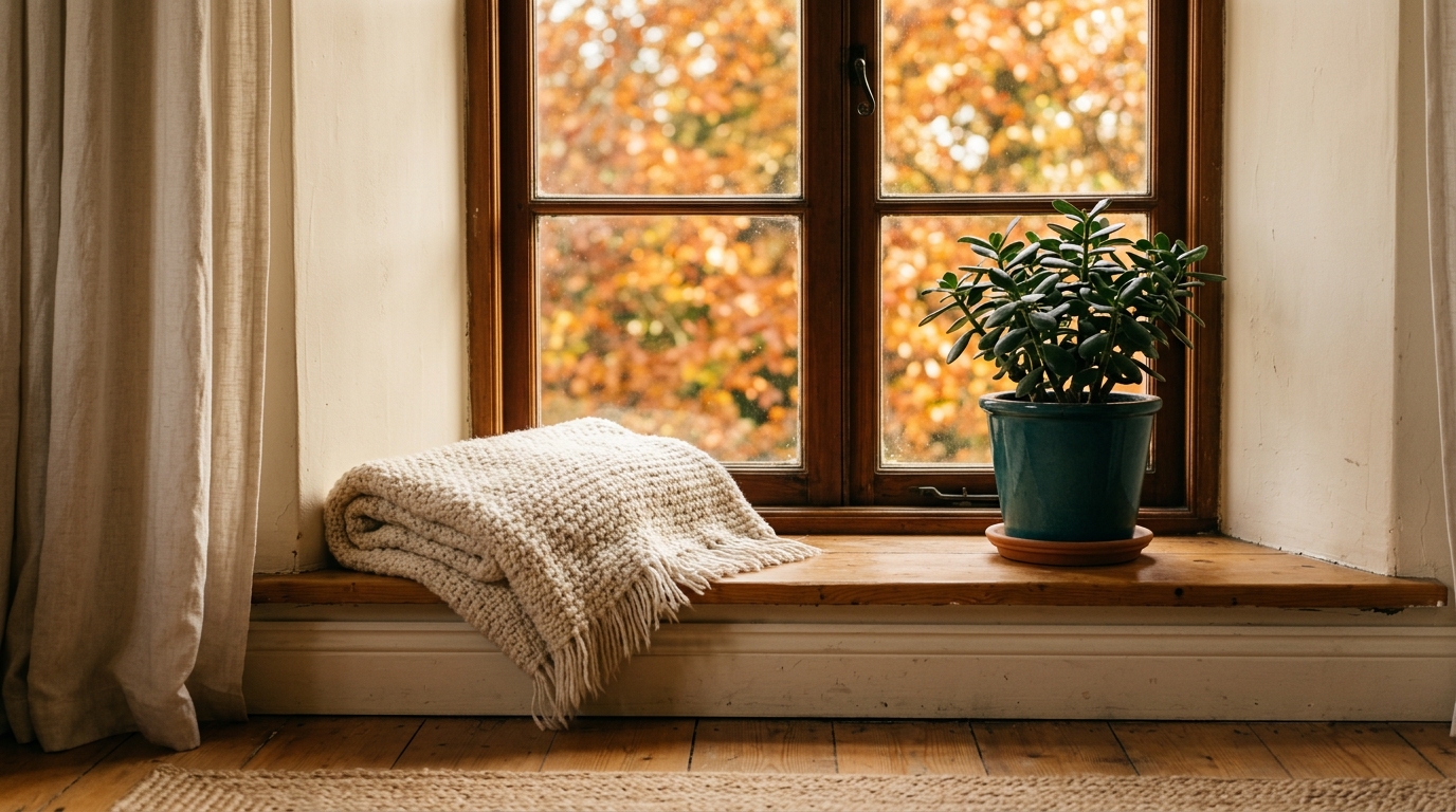 A cozy window seat with a knit throw and a jade plant, autumn leaves outside a closed window