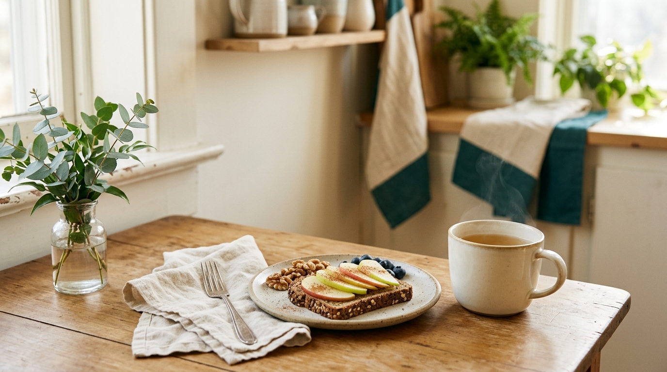 A calm breakfast table with apple-topped toast, walnuts, blueberries, and a cup of tea, the kind of everyday meal that can still leave you feeling awful