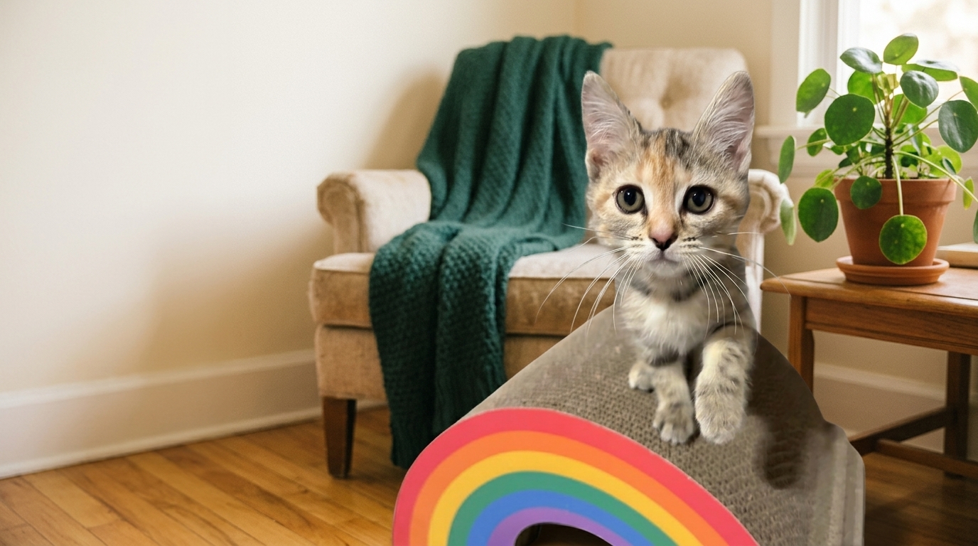 Gabby the kitten perched on a rainbow cardboard scratcher in a sunlit living room, the pet you can keep at home when you manage allergens