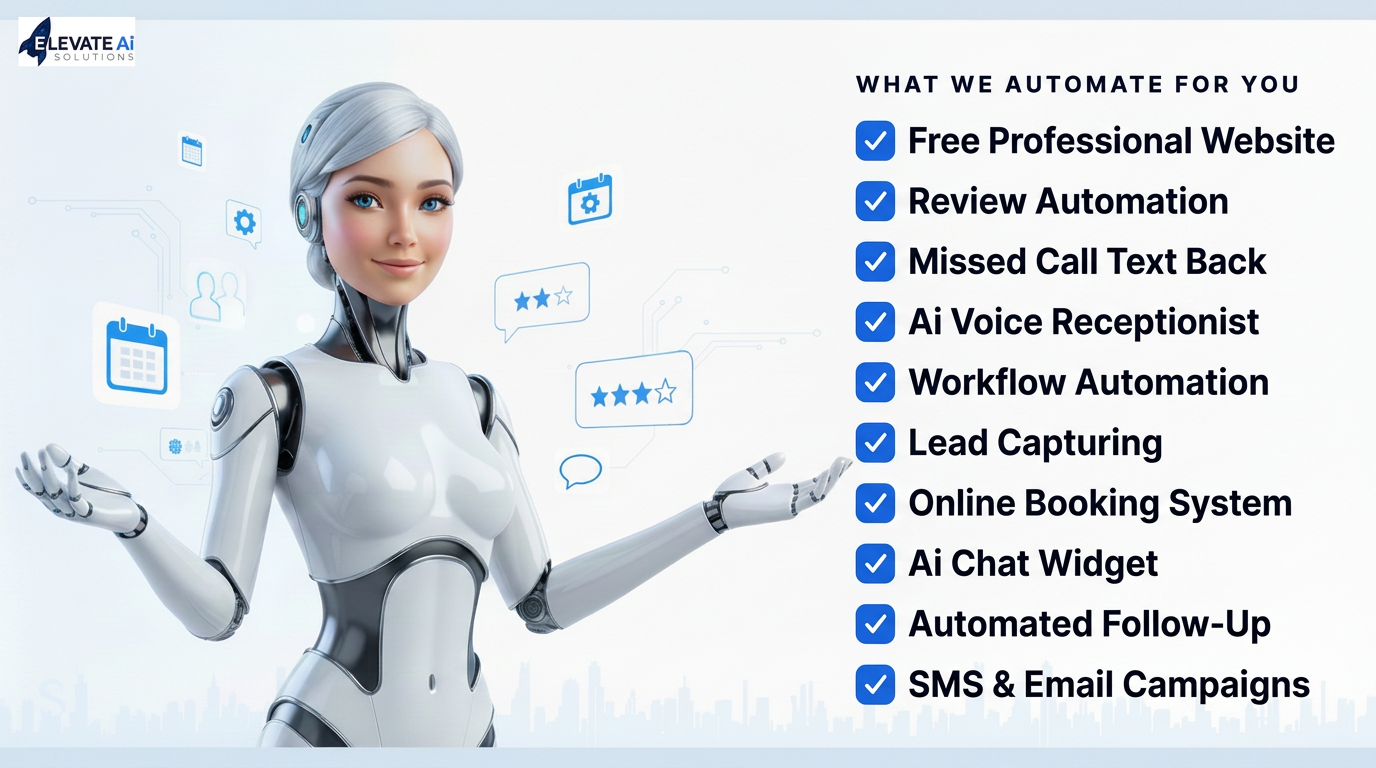 What We Automate For You - Free Professional Website, Review Automation, Missed Call Text Back, AI Voice Receptionist, Workflow Automation, Lead Capturing, Online Booking System, AI Chat Widget, Automated Follow-Up, SMS & Email Campaigns