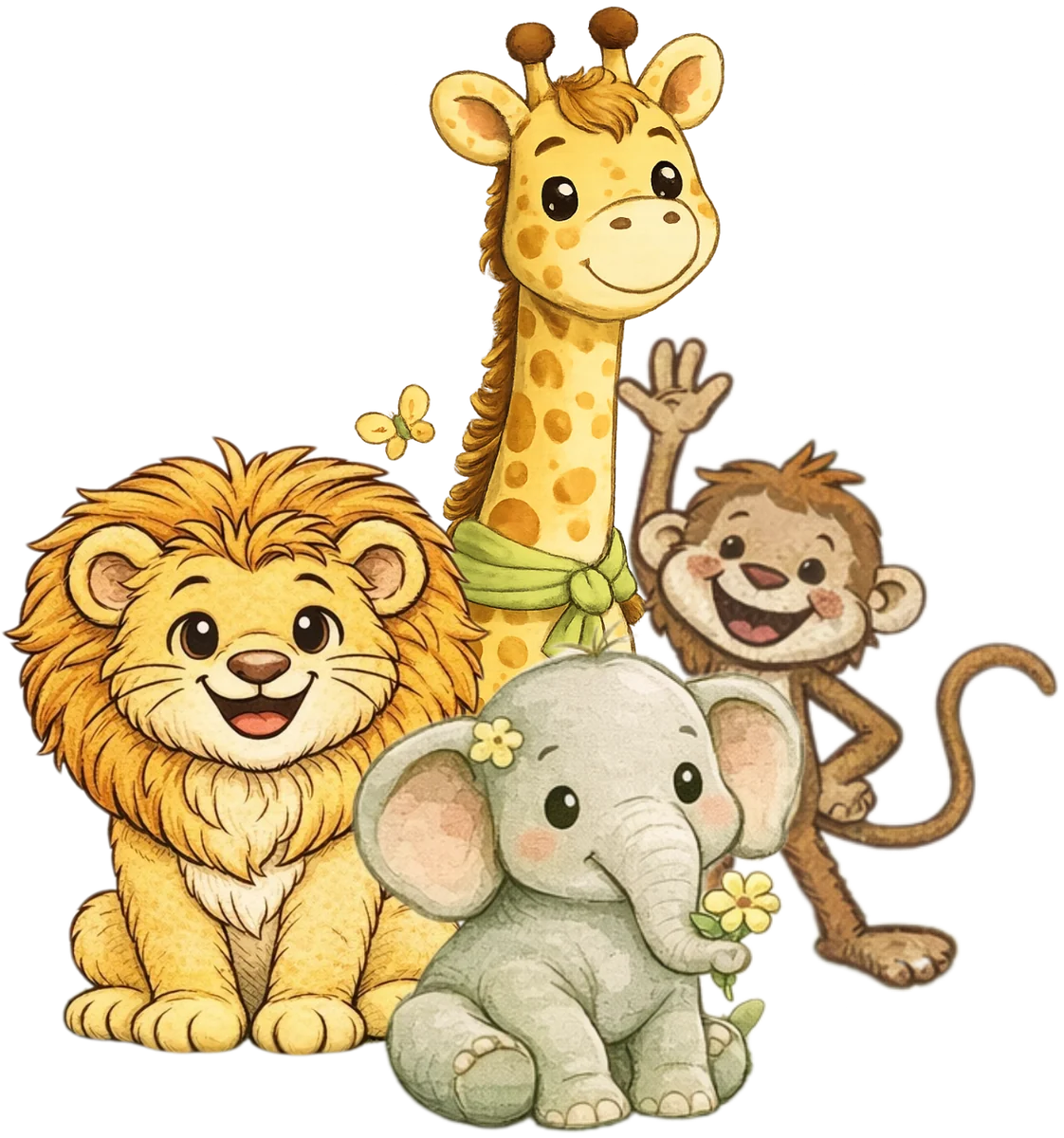 Leo Lion, Gem Giraffe, Ella Elephant and Mo Monkey together