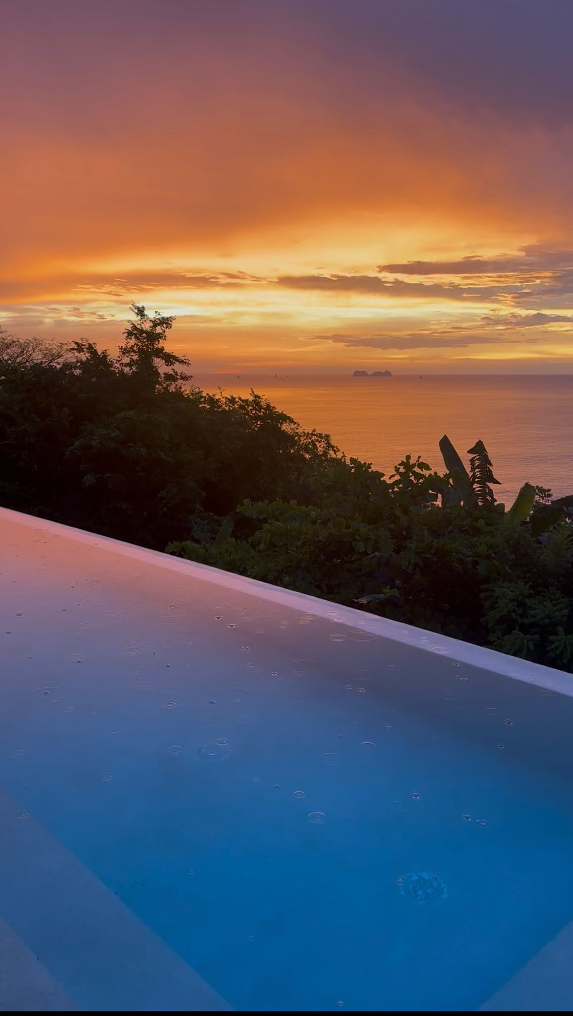 Infinity pool edge in foreground with lush jungle canopy, the Pacific Ocean stretching to the horizon, and a dramatic golden orange sunset sky — taken at Playa Flamingo, Guanacaste
