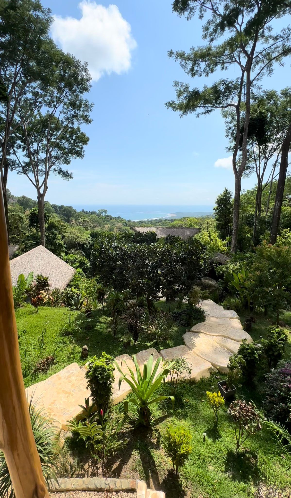 View from the mountain property in Uvita looking down through lush tropical gardens and a stone pathway, with the Pacific Ocean visible on the horizon through the trees