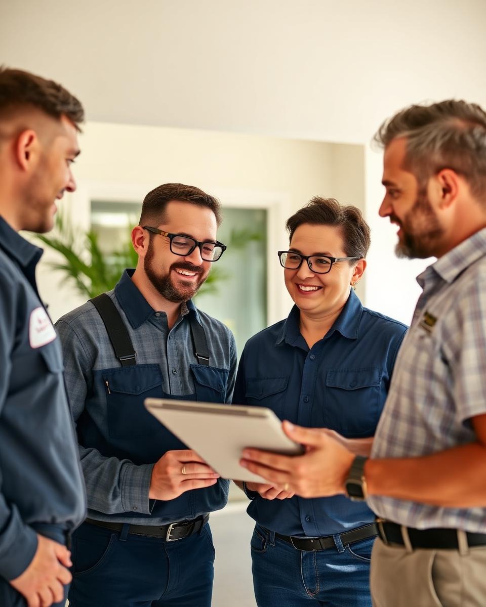 Roofing team consulting with homeowner