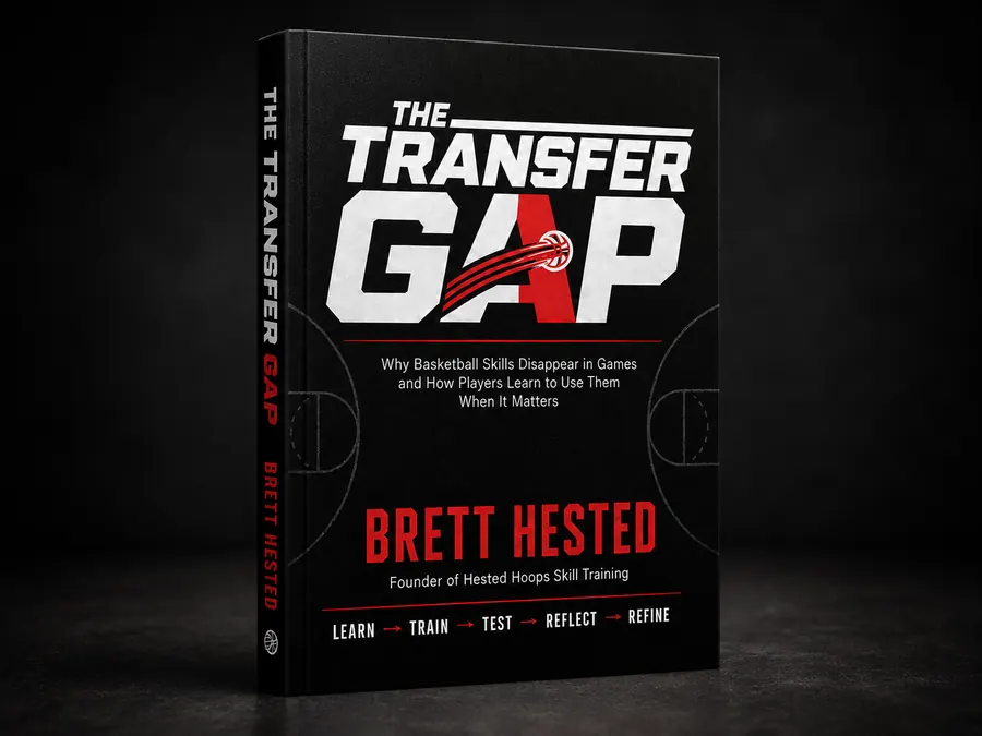 The Transfer Gap book by Brett Hested, Hested Hoops basketball skill development guide, black cover with red and white bold typography