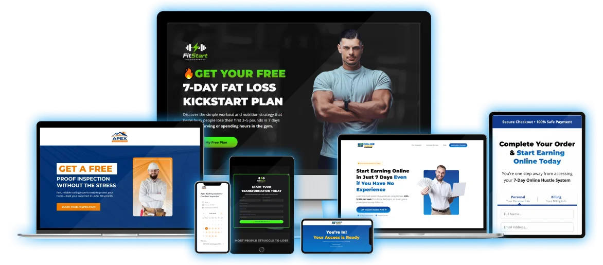 Responsive sales funnel and landing page portfolio by FunnelTitan displayed across desktop, tablet, and mobile devices.