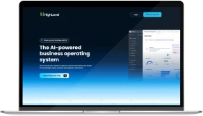 Laptop displaying a GoHighLevel workflow automation dashboard for CRM and marketing automation.