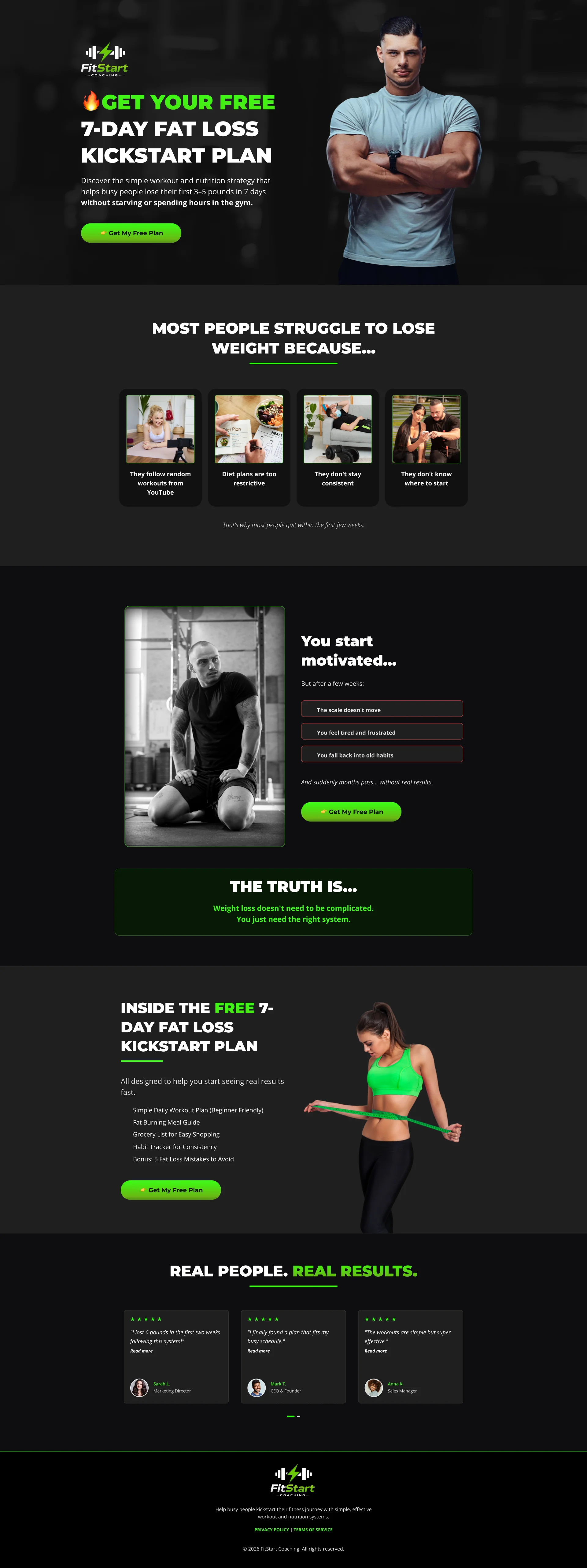 Responsive fitness sales funnel landing page with lead generation, testimonials, and conversion-focused design.