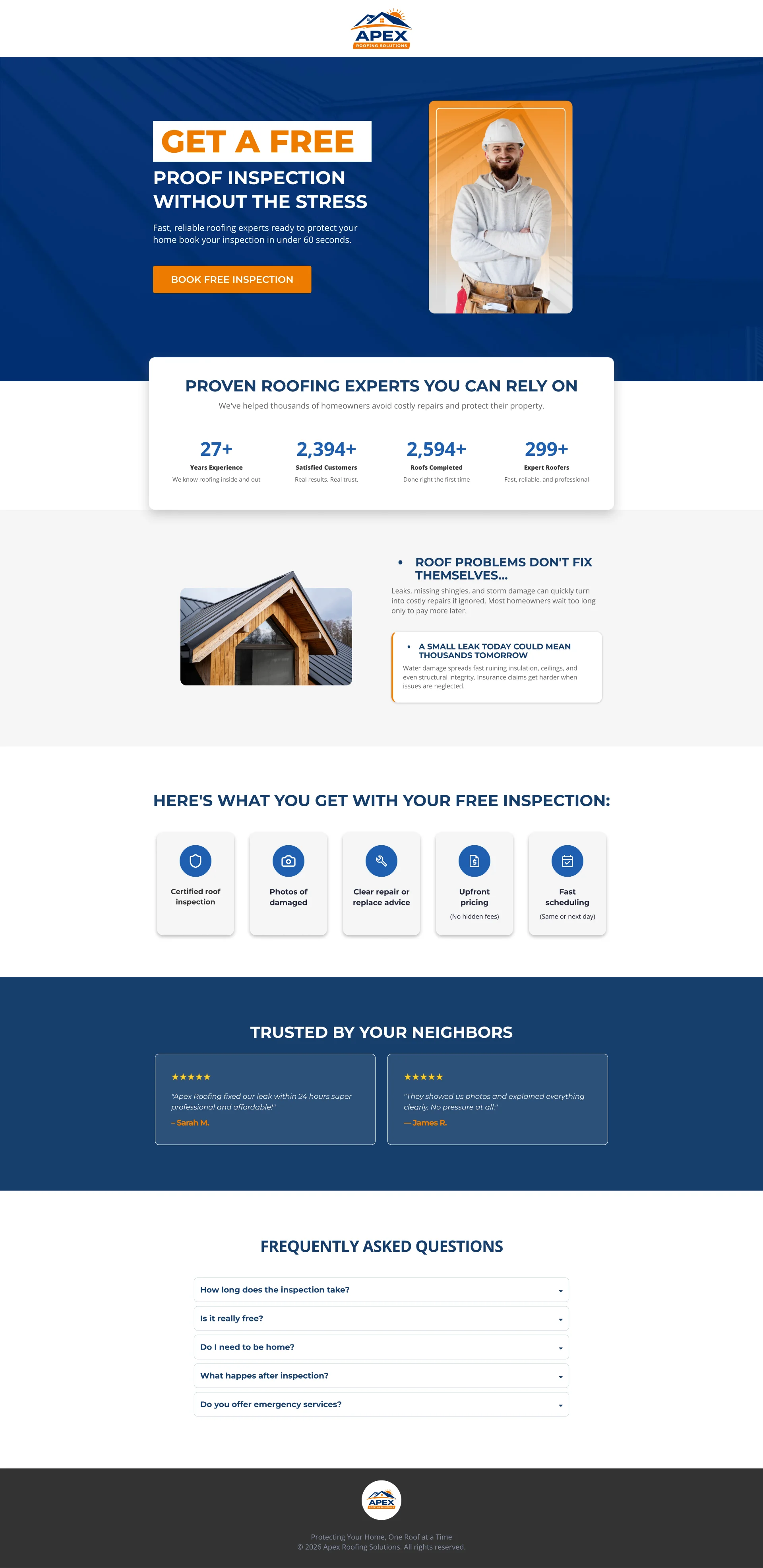 A roofing company website offering a free inspection, featuring a call-to-action, list of services, customer reviews, FAQ section, and company branding.