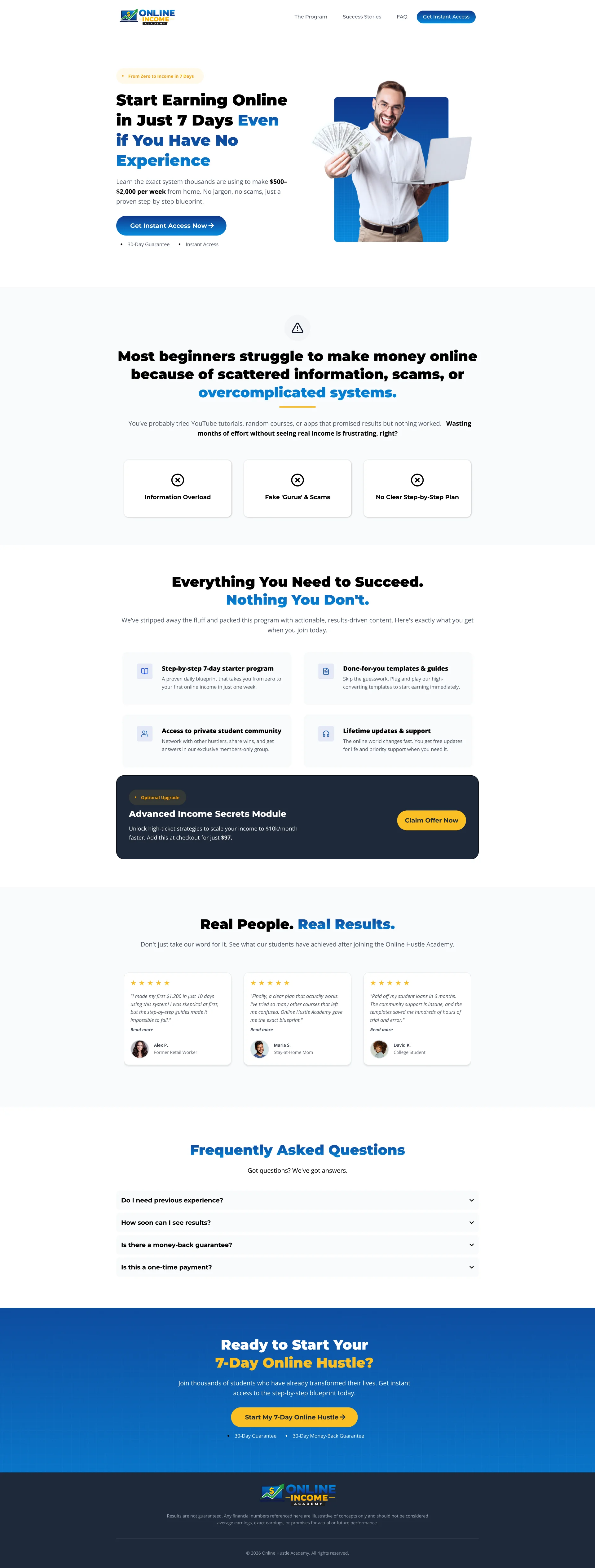 A website landing page offering a 7-day online business course, featuring course details, benefits, FAQs, testimonials, and a sign-up section with a photo of a man holding a laptop.