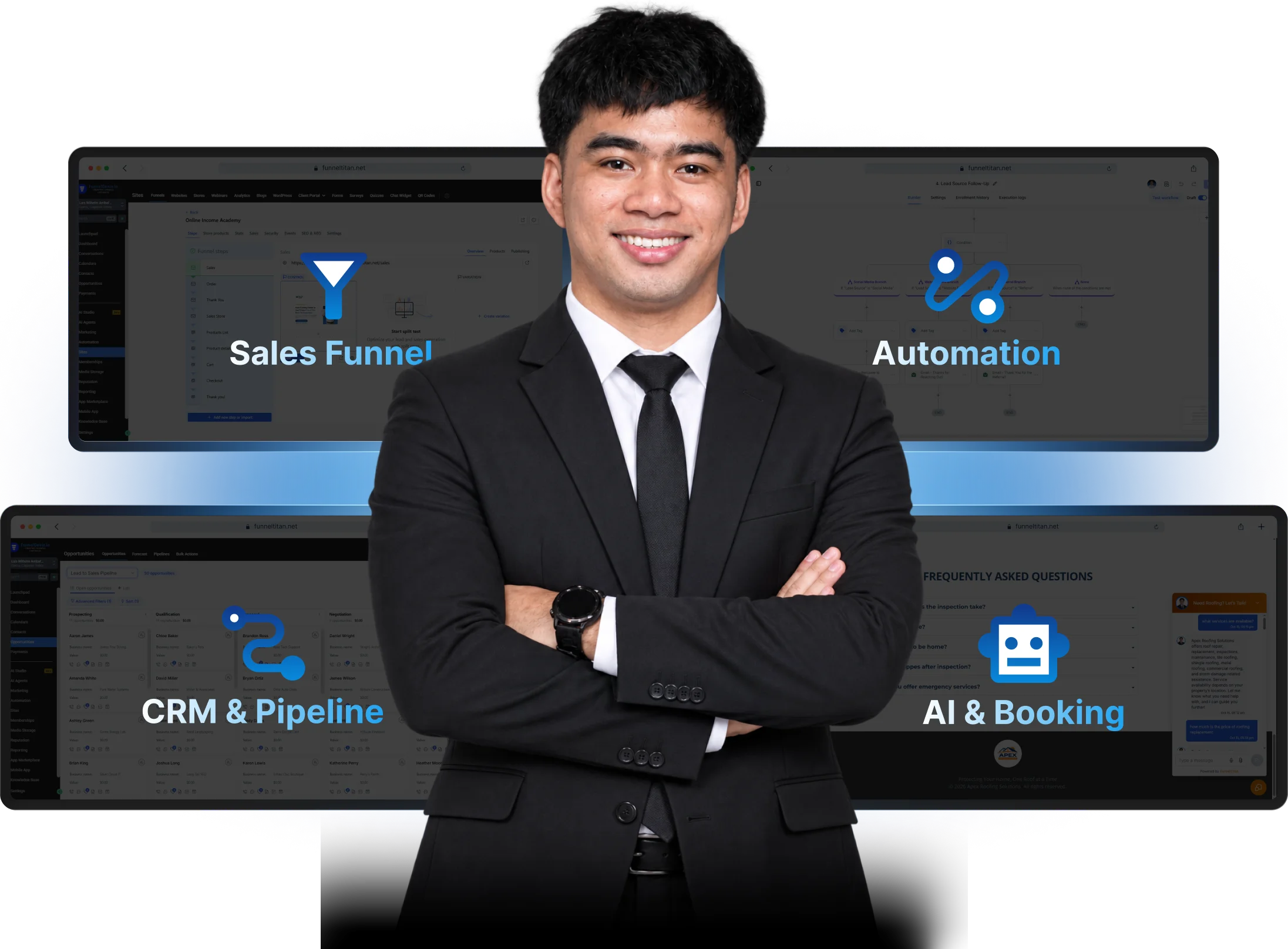 Responsive sales funnel and landing page portfolio by FunnelTitan displayed across desktop, tablet, and mobile devices.