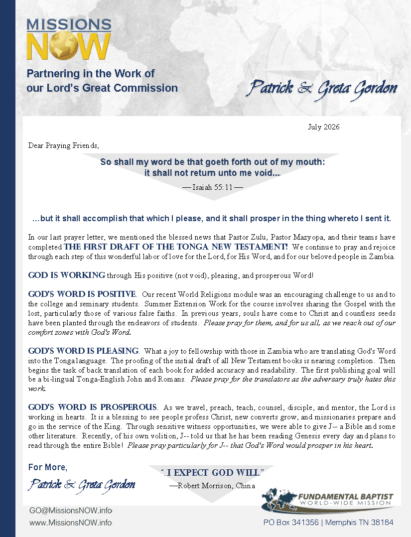 Gordon Prayer Letter -- July 2026