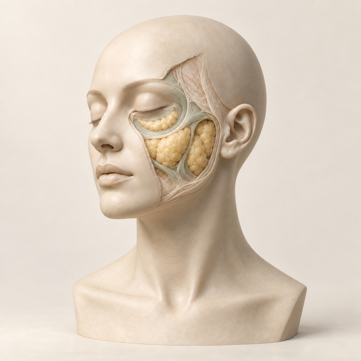 Ivory anatomical sculpture illustrating deep fat