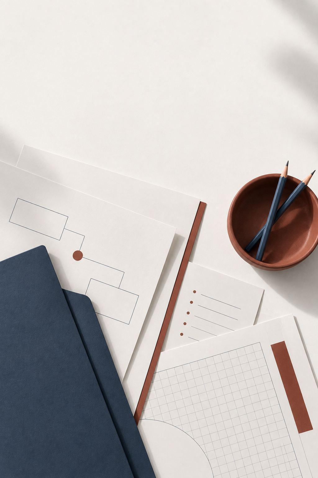 Planning documents showing connected diagram boxes and structured grids, with navy folders and terracotta accents