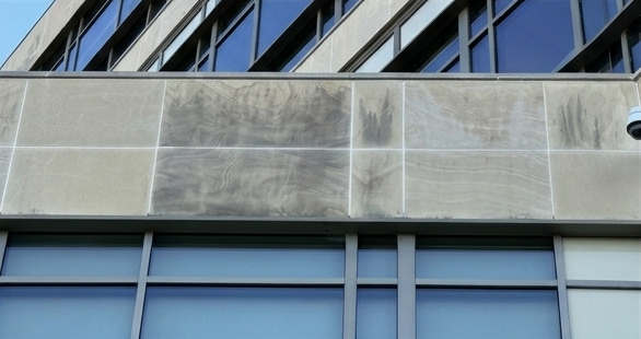 Before facade cleaning by WindowClean by Vertex showing stained commercial exterior panels with mildew buildup