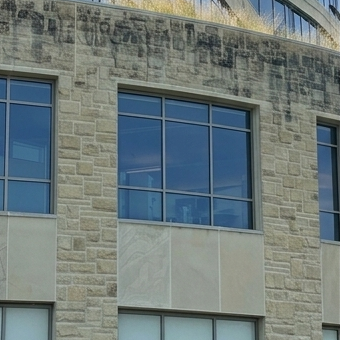 Before facade cleaning by WindowClean by Vertex showing stained stone facade with dirt, mildew, and exterior buildup