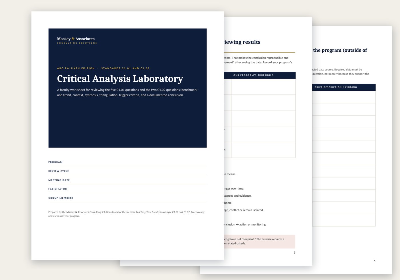 Pages from the Critical Analysis Laboratory worksheet: the cover, the trigger criteria table, and a C1.01 data inventory