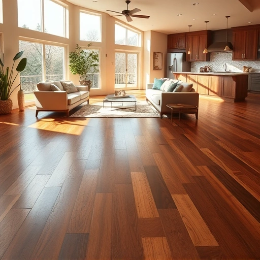 Completed flooring installation in Volente TX with polished hardwood floors in a spacious, sunlit living area.