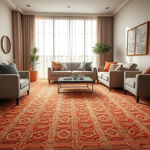 Cozy modern living room in Florence TX featuring intricate patterned carpet, stylish decor, and natural light.