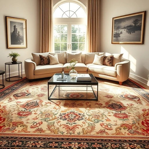 Luxurious living room in Del Valle TX with intricate carpet, elegant windows, and tasteful decor creating warmth.