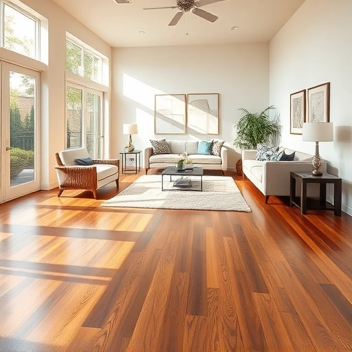 Spacious living room in Bee Cave TX showcasing warm hardwood floors, minimalist furniture, and natural light.