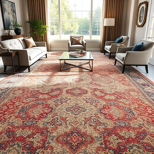 Completed carpet installation in Georgetown TX showcasing intricate patterns, vibrant colors, and elegant room design.