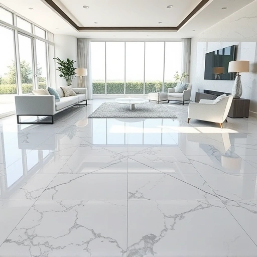 Marble tile flooring in Round Rock features polished white and gray tiles in a spacious, elegantly furnished area.