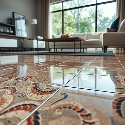 Close-up of vibrant tiles in a modern living room with sleek furniture and natural light, showcasing craftsmanship.