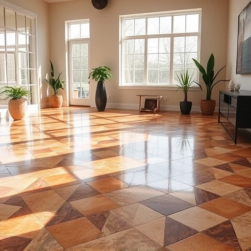 Elegant tile sealing in Round Rock features a glossy floor with intricate patterns in warm earth tones in a modern interior.