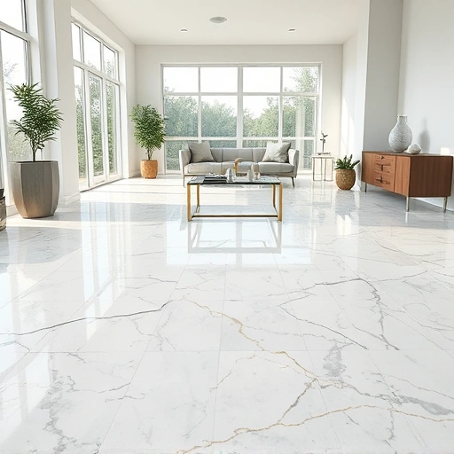 Completed marble tile flooring in a modern room with glossy tiles, intricate veining, and minimalist decor accents.