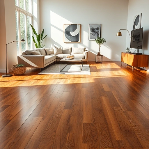 Completed hardwood flooring installation in a modern living room with stylish furniture and natural light accents.