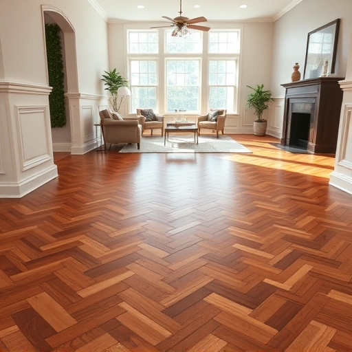 Perfectly installed hardwood floor in herringbone pattern with warm tones and polished finish in a Del Valle TX interior.