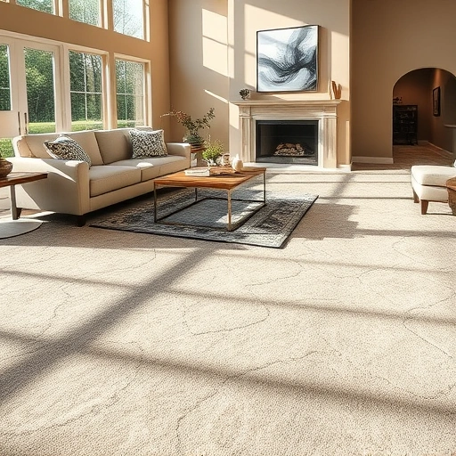Luxurious plush carpet installation in a spacious Rollingwood TX living room with earth tone patterns and modern decor.