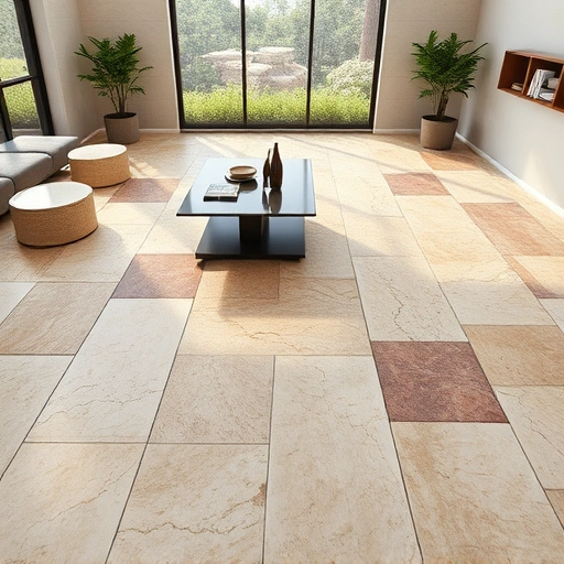 Natural stone tile flooring in Round Rock showcases warm beige, earthy browns, and greys in an elegant pattern.