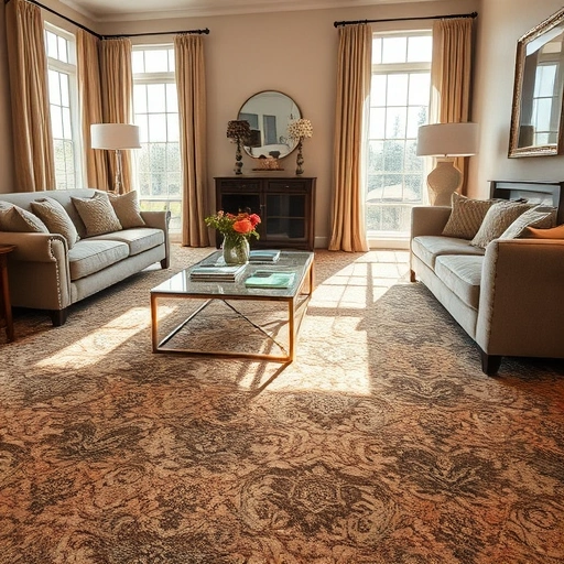 Luxurious living room in Manor TX with intricate carpet patterns and elegant decor in warm earth tones.