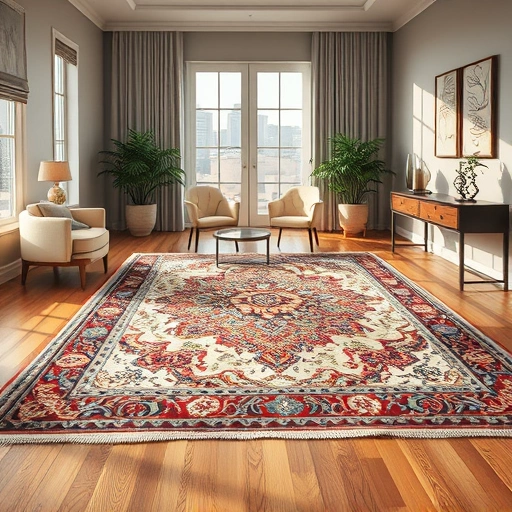 Vibrant carpet with intricate patterns displayed on a polished wooden floor in an elegant, minimalist room.