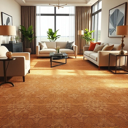 Luxurious living room in Windemere, TX with intricate carpet patterns, modern decor, and natural light ambiance.