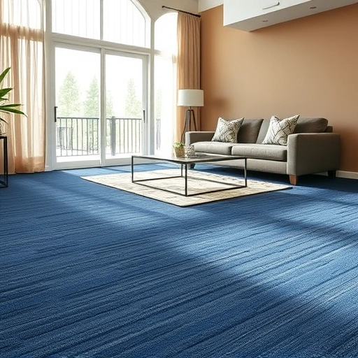 Luxurious deep blue carpet with geometric patterns in a modern Wells Branch living room with elegant furniture.
