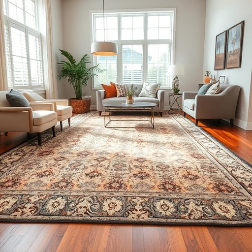 Completed carpet installation in a bright Georgetown TX living room with elegant furniture and polished hardwood floor.