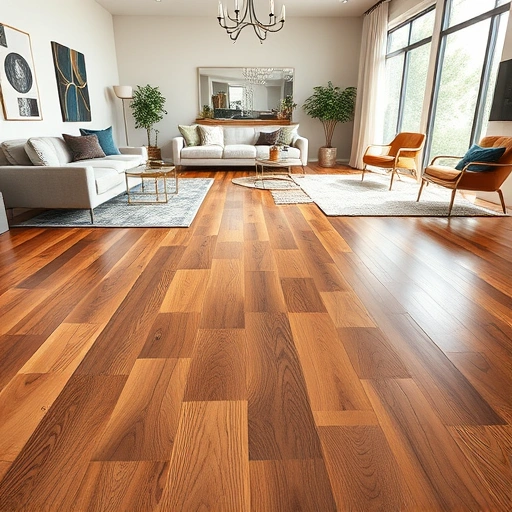 Stunning hardwood flooring installation in a modern living room in Anderson Mill TX with rich grain patterns and glossy finish.