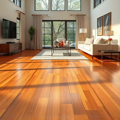 Modern living room in Rollingwood TX featuring gleaming hardwood flooring and elegant furnishings in a warm palette.