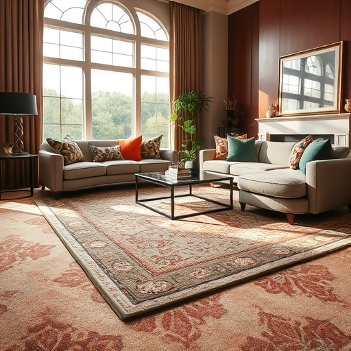 Carpet installation in a stylish Florence TX living room highlighting intricate patterns and warm decor elements.